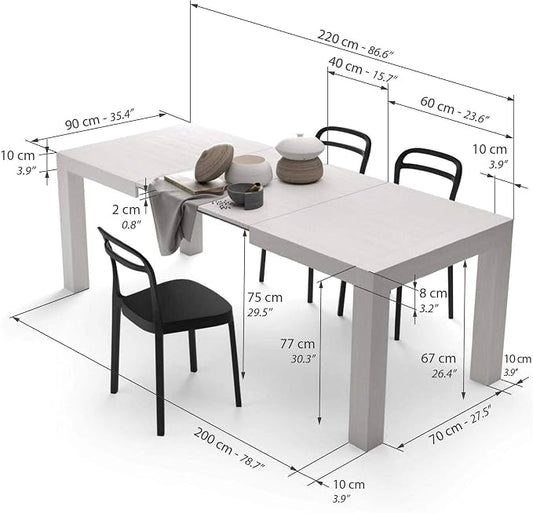 Mobili Fiver, Iacopo Extendable Dining Table, 55.1(86.6) x35.4 in, Ashwood White, for 6-10 People, Expandable Dining Table for Kitchen, Living Room, Italian Furniture