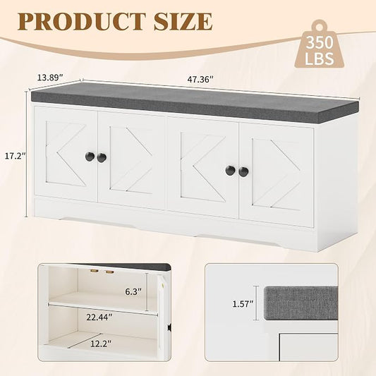 Apicizon Storage Bench with Seat Cushion, 2 Tier Entryway Bench with 4 Barn Doors, Adjustable Shelves, 47.36" Shoe Bench for Entryway Hallway Bedroom Living Room, Beige White