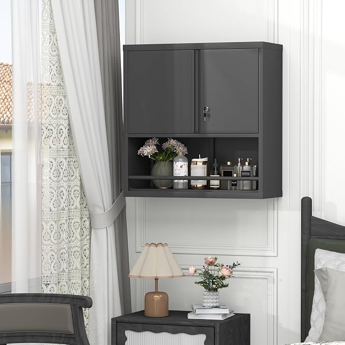 GREATMEET 31" H Metal Garage Storage Cabinets with Doors and Shelves, Lockable Storage Cabinet with Lock, Black Hanging Cabinets for Wall, Wall Mount Cabinet for Utility Room