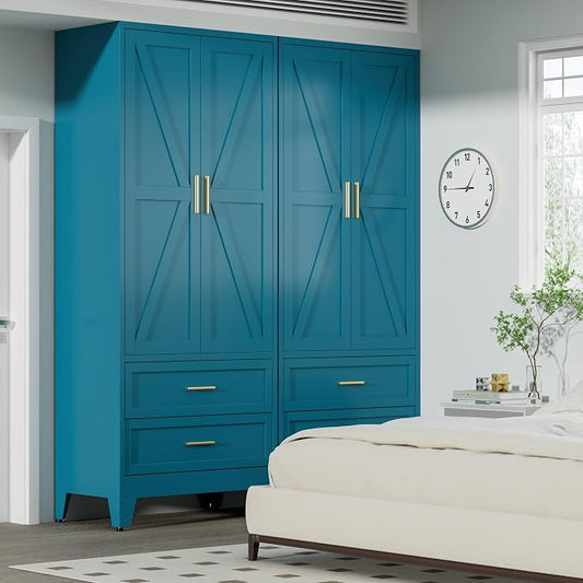 COFaR 71 Farmhouse Metal Wardrobe Closet with Hanging Rod, 2 Barn Doors, Adjustable Shelves, Steel Armoire with Drawer for Home, Bedroom Green