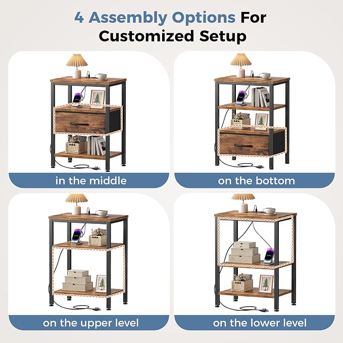 DUMOS 3-Tier Storage, Bed Side Tables with Wireless Charging Station, End Tables with Adjustable Fabric Drawers, Nightstand Set of 2, Modern Design, Brown