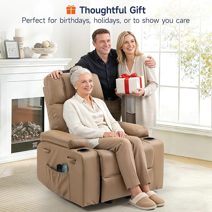 Brage Living Power Lift Recliner Chair for Elderly with Massage & Heat, PU Leather Electric Recliner with USB Charge Port, 160° Adjustable Recline, Stand Assist, Remote Control, Cup Holders (Brown)