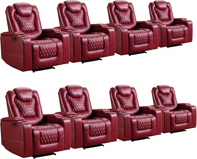 ANJ Power Recliner Chair Set of 8, Electric Soft Faux Leather Reclining Home Theater Seating - USB Ports, Cup Holders, Hidden Arm Storage Movie & Media Room Chairs (Red)