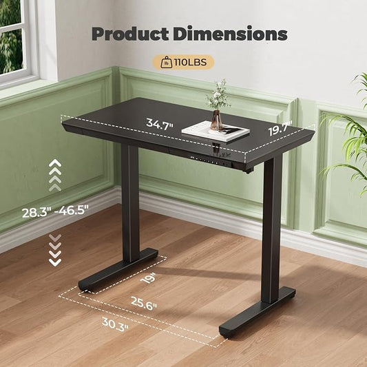 Glass Electric Standing Desk with Drawer, 35" x 20" Whole Piece Tabletop Samll Sit Stand Table, Height Adjustable Workstation with Storage & USB Ports, Quick Install Home Office Desk