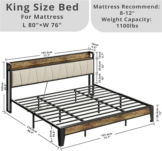 LIKIMIO King Bed Frame, Storage Headboard with Charging Station, Solid and Stable, Noise Free, No Box Spring Needed, Easy Assembly (Walnut and Beige)