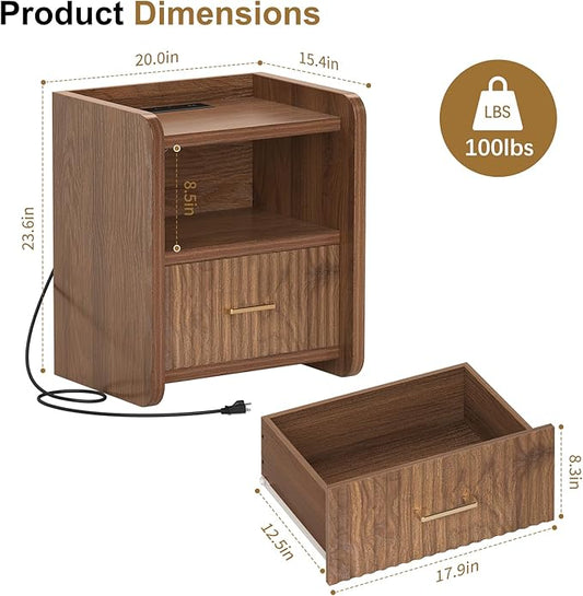 Night Stand with Charger Station - Modern Wood Nightstand with Drawer Storage, Fluted Wide Nightstands Bedside Table, Mid Century Night Stands for Bedroom Home Office Sofa, Walnut