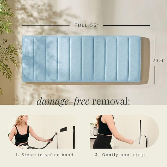Hearth & Harbor Wall Mounted Full Headboard Only, Bed Headboard Full Size | Easy Assemble, Floating Peel and Stick, Upholstered, Channel Stitched, 3D Wall Panels, 5 Strips of 3M Tape Included, Ice Blue