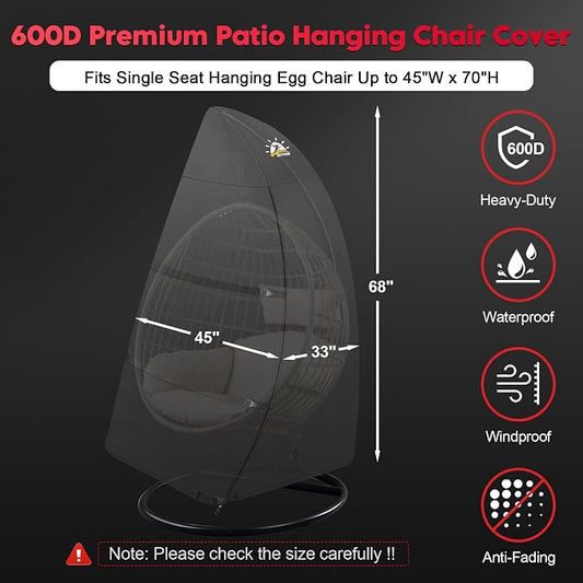 Zettum Egg Chair Cover - Single Seat Hanging Egg Chair Cover, Waterproof Outdoor Hanging Chair Covers, 600D Heavy Duty Covers for Patio Wicker Swing Chairs, 45 x 33 x 68 Inch