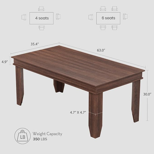 GarveeHome Farmhouse Dining Table for 4-6 People, 63 in Long Kitchen Tables with Wooden Sturdy Frame, 5 ft Large Rectangular Dinner Table for Dining Room, Kitchen, Black, Brown Non-extendable