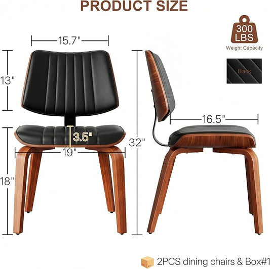 Armless Dining Chairs Set of 2, Walnut Black | Set of 2 premium armless chairs with ergonomic walnut bentwood back and high-density foam padding for superior comfort