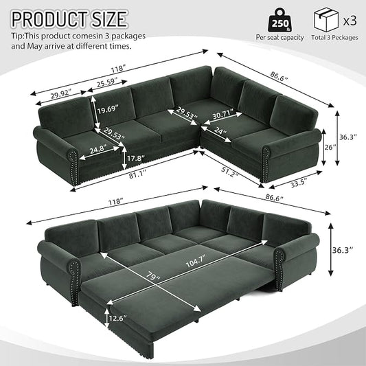 118" L-Shaped Sleeper Couch Bed - Oversize Convertible with Pull-Out Sofa Bed, Button Tufted Chesterfield Sofa, Chenille Sectional Vintage Couches for Living Room/Apartment(6-Seater, Green) | Oversize Convertible