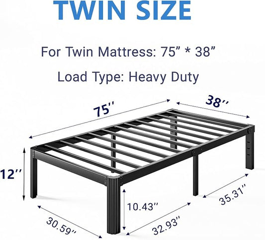 12 Inch High Platform Twin Bed Frame No Box Spring Needed, Metal Bed Frame Twin, Noise Free, Easy Assembly, Heavy Duty, Black