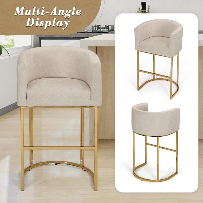 Athena Collection Counter Height Bar Stools Set of 2, 29 Inches Upholstered Barstool Set of 2 with Back and Metal Base, Modern Bar Stool Chairs for Kitchen Island, Dining Room, White