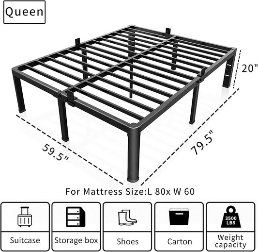 ROIL 20 Inch Queen Bed Frame with Rounded Corner and Headboard Hole Mattress Retainers 3500LBS Metal Heavy Duty Steel Slats No Box Spring Needed Platform Noise-Free Easy Assembly