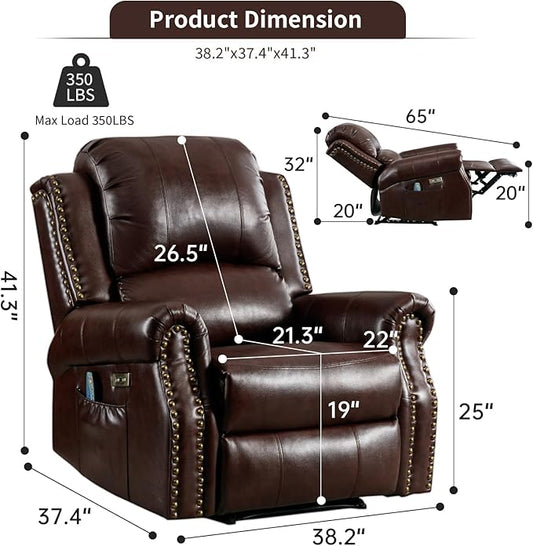HAOMARKETS Classic Power Recliner Chair with Massage and Heat, Breathable Faux Leather Electric Recliner with USB&Type-C Ports, Overstuffed Reclining Sofa with Rivets for Living Room, Caramel Brown
