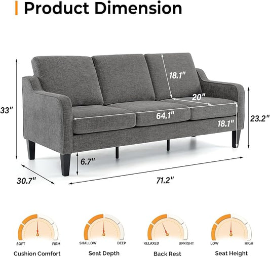 VINGLI Couches for Living Room Sofa 71" Small Couch Loveseat Sofa Mid-Century Modern Couch Grey Soft Chenille Couches Floor Sofa for Bedroom, Apartment, Lounge, Office