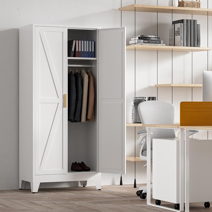 Washsemba 71'' Farmhouse Metal Wardrobe Cabinet with Hanging Rod, 2 Barn Door Wardrobe Closet with 5 Adjustable Shelves,Drawer,for Dining Room,Bedroom,Living Room, Cloak Room,Office (White)