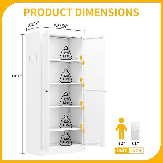 Metal Pantry Cabinet, Kitchen Pantry Storage Cabinets with 2 Door and 4 Adjustable Shelves, Utility Metal Storage Cabinet for Home, Living Room, Pantry (White)