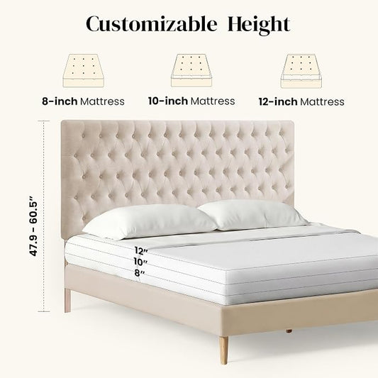 Upholstered Queen Headboard Only, Premium Linen Button Tufted Headboards, Adjustable Solid Wood Head Board, Padded Headboard with Solid Wood Legs in Bedroom (Beige)