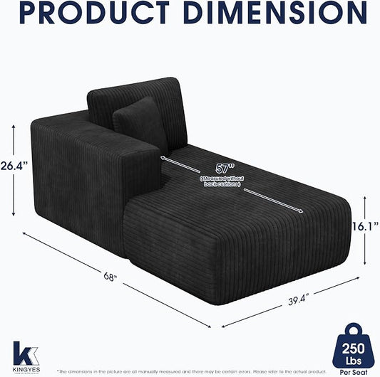 KINGYES Boneless Chaise Lounge Chair for Modular Sectional Sofa, L Shape Corduroy Upholstered Chaise Lounge for Living Room, Black