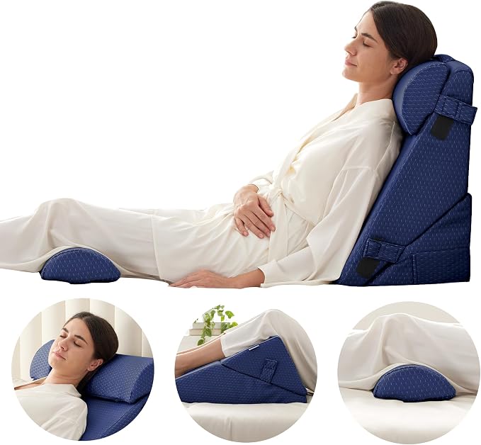 Adjustable 4pcs Bed Wedge Pillow Set, Memory Foam Wedges Pillow Post Surgery for Back, Neck, Leg Pain Relief, Pillows Wedge for Sleeping, Sitting up in Bed, Acid Reflux and GERD, Navy Blue