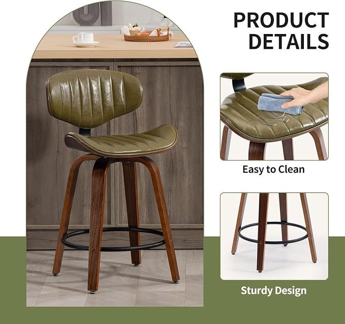 Modern Bar Stools, 24 inch PU Leather Wooden Bentwood Swivel Barstools Counter Height Breakfast Bar Chairs with Backrest and Footrest for Kitchen Island, Dining Room, Bar D035-Olive Green-1