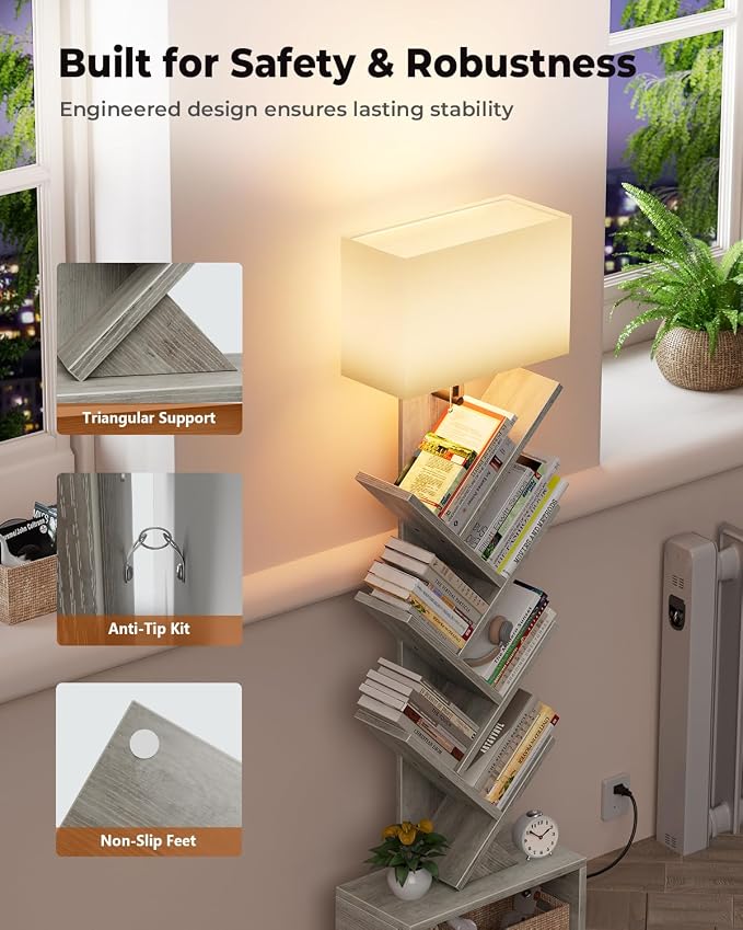 Evermagin 6 Tier Tree Bookshelf with Light, Narrow Bookcase Tower, Tall Floor Standing Book Shelf Organizer with Storage Cabinet for Living Room, Bedroom and Home Office, Gray