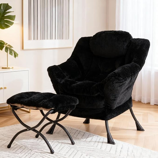 Lazy Chair with Ottoman, Modern Accent Chair Sofa Chair with Armrests, Reading Chair and Folding Footstool for Living Room, Bedroom, Office, Plush Black