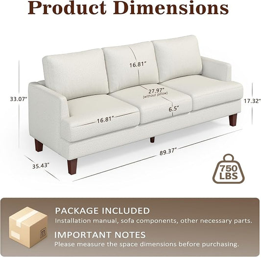 Gericco Mid Century Modern Couches for Living Room, 89" Comfy Couch Sofa with 3-Seater Deep Seats, Upholstered Sofas for Living Room, Office Apartment, Bedroom, Beige