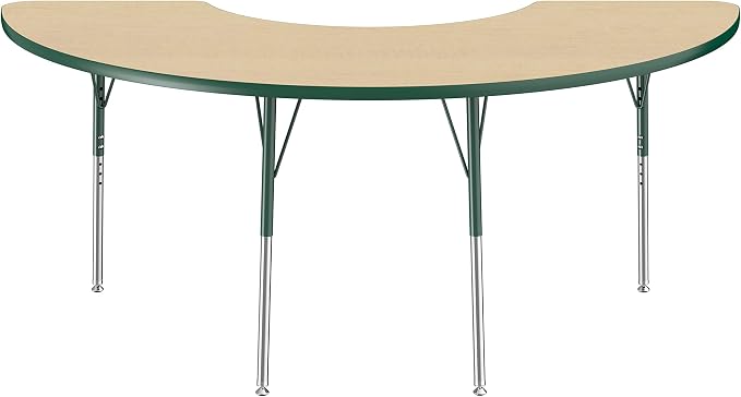 FDP Half Moon Activity School and Office Table (36 x 72 inch), Standard Legs with Swivel Glides for Collaborative Seating Environments, Adjustable Height 19-30 inches - Maple Top and Green Edge