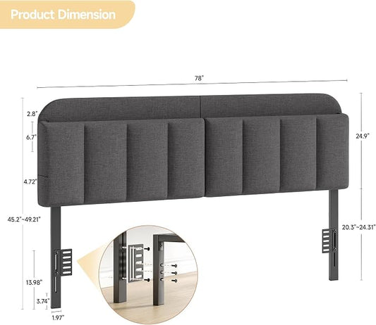 Adjustable Headboard for King/California King Size Bed Frame, Linen Fabric Bed Headboard with Storage & RGB LED Light in Modern Vertical Channel Design, Dark Grey