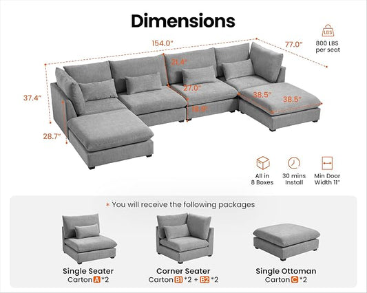 154" Oversized Chenille Couch Modular Sectional Sofa, Washable Cloud Couch Sectional with 2 Ottoman, 6 Seater Sectional Couches for Living Room, Fully Cover Removable, U Shaped, Chenille, Grey