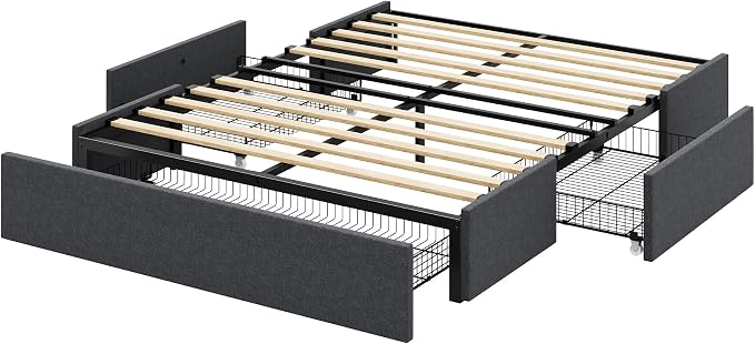 Allewie Full Size Platform Bed Frame with 3 Storage Drawers, Fabric Upholstered, Wooden Slats Support, No Box Spring Needed, Noise Free, Easy Assembly, Dark Grey
