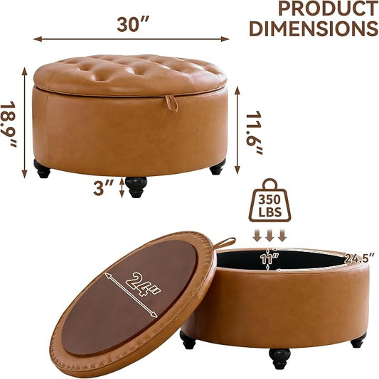 WUTUTUEE 30Inch Round Storage Ottoman with Tray, Modern Tufted Leather Circle Coffee Table with Storage, Upholstered Ottoman with Removable Top for Living Room, Bedroom, Leather Brown