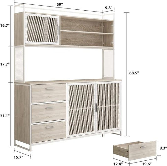 AIEGLE Large Kitchen Hutch Storage Cabinet, Pantry Cabinets with Hutch, Metal Frame Cupboard with Mesh Door, Drawer & Microwave Shelf, Freestanding Kitchen Storage, Beige (59" W x 15.7" D x 68.5" H)