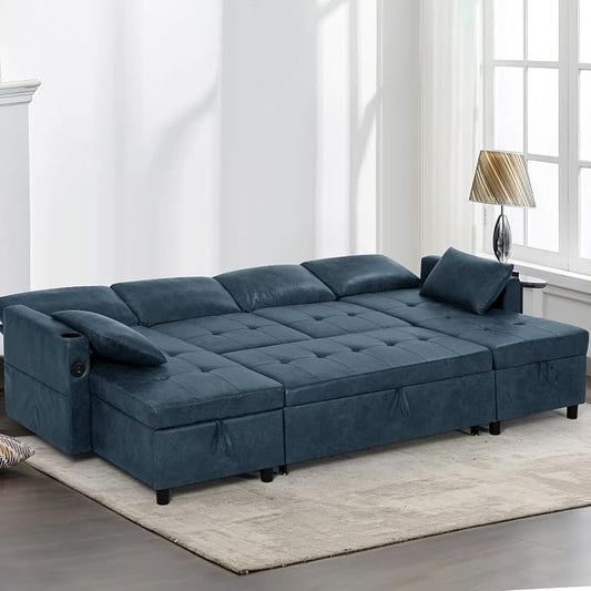 110 inches Suede Leather Sleeper Sofa w/Pull Out Bed, U-Shape Sectional Sofa Bed w/Adjustable Backrest and Storage Chaises, 4-Seats Upholstered Sofa Bed w/USB Port for Living Room, Blue