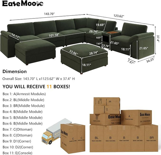 EASE MOOSE Oversized Sectional Modular Sofa with Console,Comfty Deep Seat Modular Cloud Couch,Large v Shape Sectional Couch Removable Cover,Green