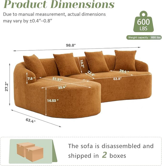 99" Curved Sofa with L-Shape Chaise,Modern Cloud Curved Couch with Deep Seat,No Assembly Required,Upholstered Oversized Couches for Living Room,Apartment (Orange, 99Inch)