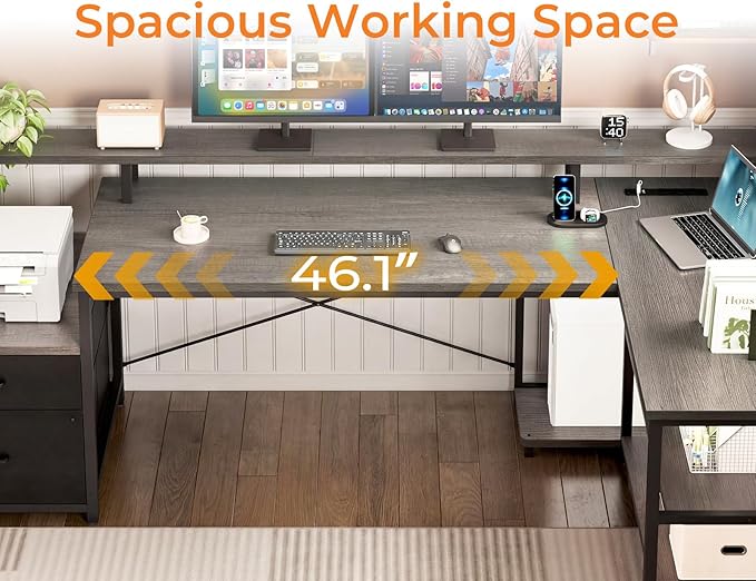 ODK 75" L Shaped Desk with File Drawers, Work from Home Office Desk with Power Outlet, Reversible Computer Desk with Storage Shelves, Gaming Desk with Monitor Shelf, Corner WFM Table, Grey Oak