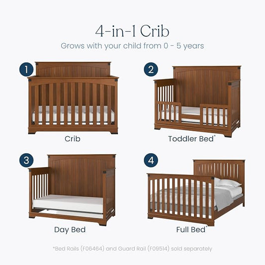 Child Craft Redmond 4-in-1 Convertible Baby Crib, Wood Nursery Furniture Converts to Toddler Bed, Daybed & Full Bed, Adjustable Mattress Heights, Rustic Style, Non-Toxic Baby Safe Finish, Coach Cherry