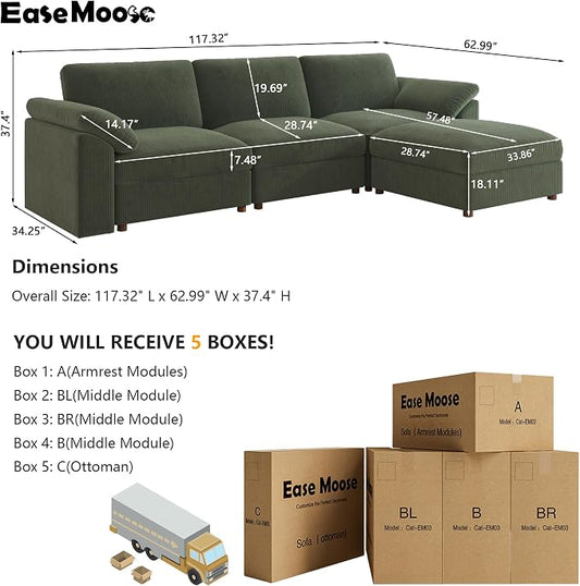 EASE MOOSE Green Sectional Modular Sofa, Oversized Deep Seat Sectional Modular Cloud Couch,Removable Washable