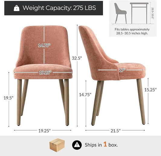 Upholstered Dining Chairs Set of 2, Fabric Dining Room Chairs with Curved Backrest, Solid Wood Legs, Modern Kitchen Chairs for Dining Room Living Room, Coral