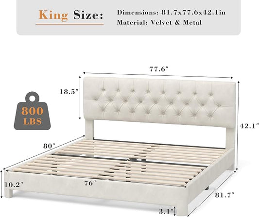 King Size Bed Frame with Headboard, Luxury Velvet Fabric Upholstered Bed frame with Button Tufted Design, Strong Wooden Slats Support - Low & Sturdy, Noise-Free, No Box Spring, Easy Assembly, Beige | Plush velvet