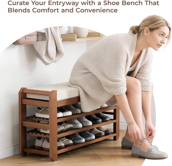 27.6" Bamboo Shoe Bench with Cushion, 5 Hooks Coat Rack, 3-Tier Adjustable Storage Bench for Entryway, Heavy Duty Shoe Rack Organizer with Removable Soft Cushion for Living Room Bedroom Hallway