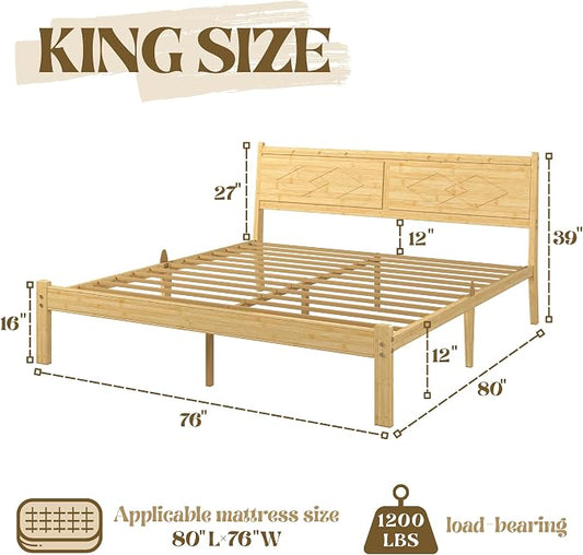 Askeld 12 inch Bamboo King Bed Frame with Headboard, Light Cottagecore Solid Wood Platform Bed No Box Spring Needed, Easy Assembly, Noise Free