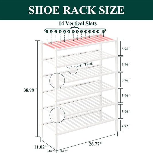 Smiry Bamboo Shoe Rack, 6 Tier Free Standing Wooden Shoe Organizer, Stackable Wood Shoe Storage Shelf for Closet, Entryway, 12 Vertical Slats, 2+2+2 Stack Standard Legs, 26.8"x11"x39", White