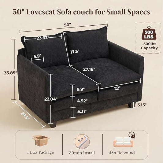 Loveseat Sofa with Cloud 3-Layer Cushion & 27" Deep Seat, Modern Small Couch No Pillows for Small Spaces, Bedroom, Apartment, Office, Living Room, in a Box, 50-Inch Black