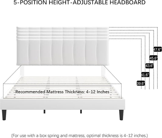 VECELO King Size Bed Frame with Upholstered Headboard, Heavy-Duty Bedframe with Strong Wooden Slats Support, No Boxing Spring Needed, Pure White
