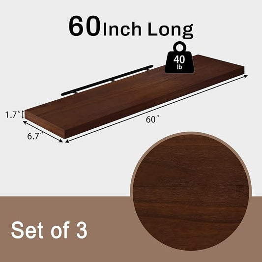 60 Inch Floating Shelves for Wall, Set of 3 Solid Real Wood Wall Shelves, Extra Long Heavy Duty Wall Mount Shelf for Living Room, Bedroom & Kitchen, Walnut Finish (60" W x 6.7" D)