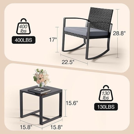 Qsun 3 Pieces Patio Furniture Set Rocking Bistro Set Outdoor Rattan Conversation with Coffee Table for Garden Balcony Backyard Poolside (Grey Cushion)